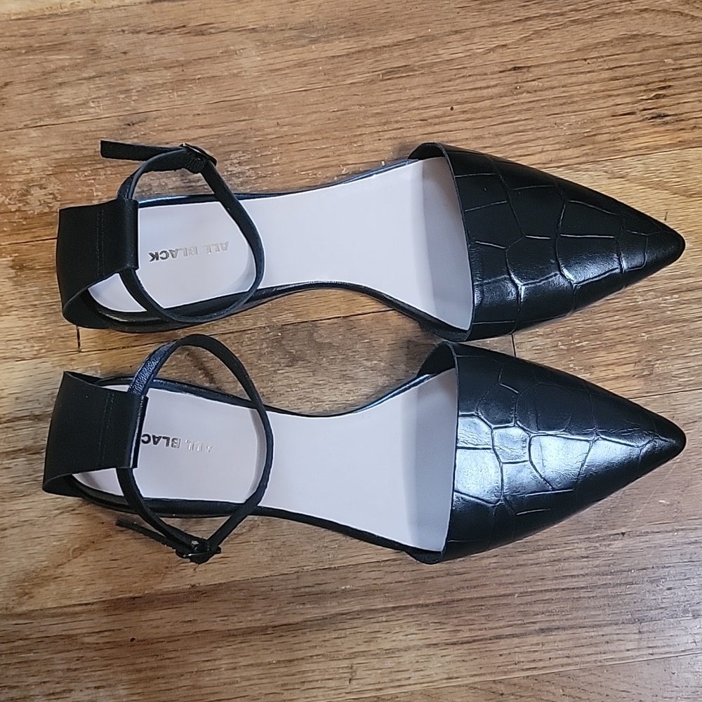 Anthropologie|All Black Ankle Strap Flat